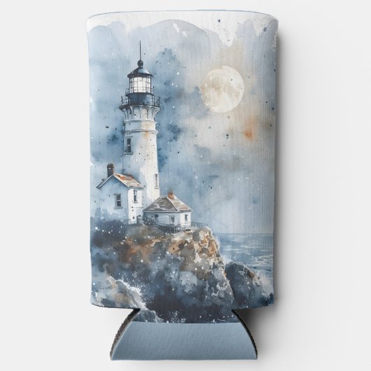 Moonlit Lighthouse aan de Rocky Coastline Seltzer Blikjeskoeler (Voorkant)