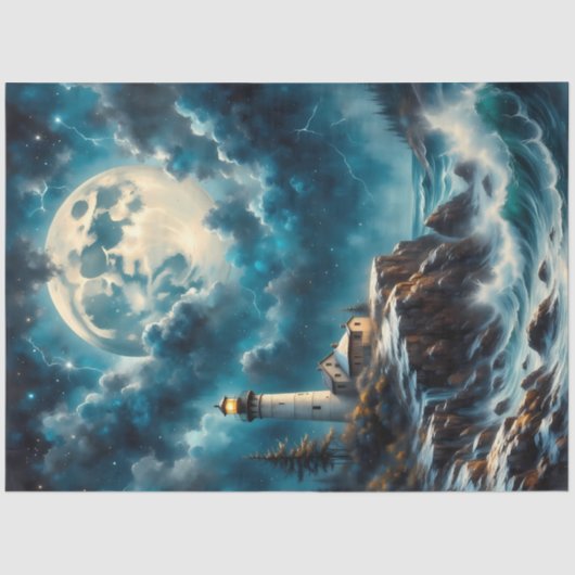 Moonlit Lighthouse Cliff – Fantasy Night Seascape  Tissuepapier (Voorkant)