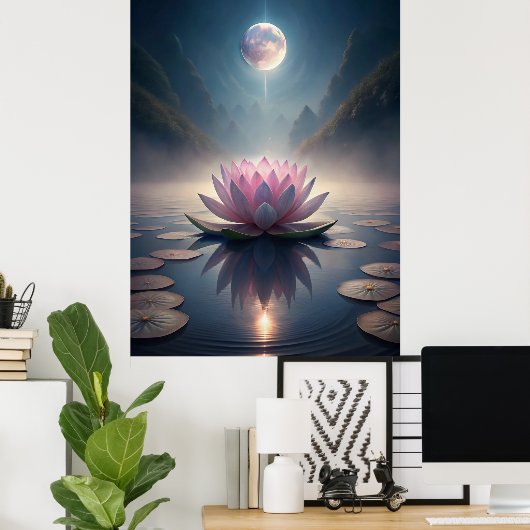 Moonlit Lotus Garden – Tranquil Lunar Reflection  Poster (Thuiskantoor)