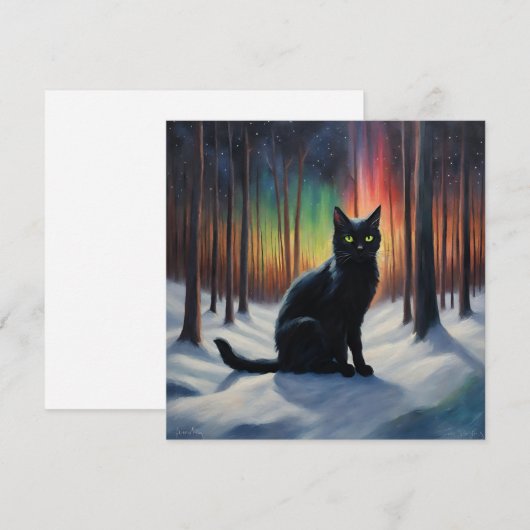 Moonlit Magic: Een zwarte kat in het besneeuwde bo Feestdagenkaart (Voorkant / Achterkant)