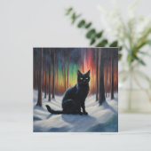 Moonlit Magic: Een zwarte kat in het besneeuwde bo Feestdagenkaart (Staand voorkant)