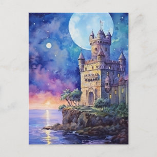 Moonlit magie over een Portugese Cliffside Castle Feestdagenkaart