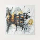 Moonlit Malice: Het heksenuur Manor Halloween Wandkleed (Voorkant (horizontaal))