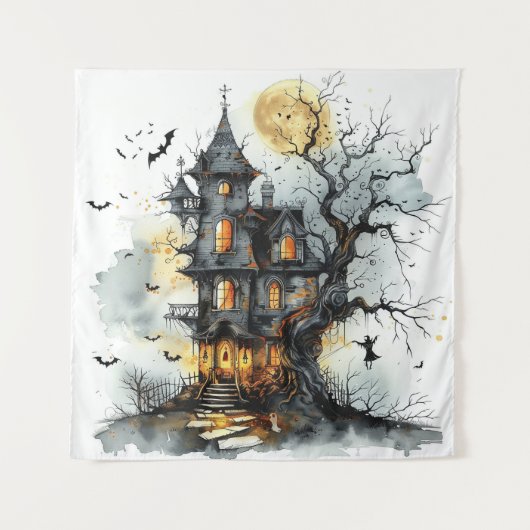 Moonlit Malice: Het heksenuur Manor Halloween Wandkleed (Voorkant)