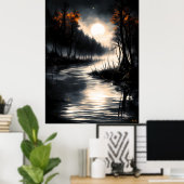 Moonlit Marshland - Monochrome nachtelijke serenit Poster (Thuiskantoor)