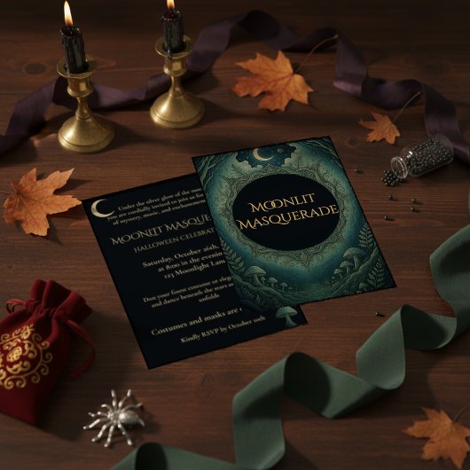 Moonlit Masquerade Elegant Halloween Invitation Kaart