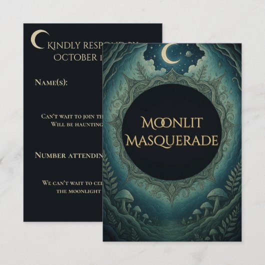 Moonlit Masquerade Elegant Halloween RSVP (Voorkant / Achterkant)