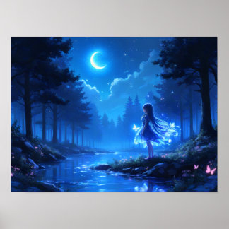 Moonlit meisje in betoverd bos poster