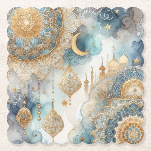 Moonlit Moskee Sereniteit voor Eid Kartonnen Onderzetters (Voorkant)