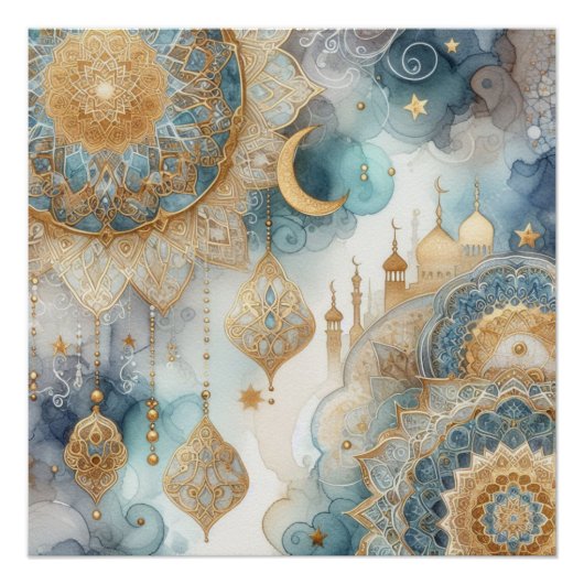 Moonlit Moskee Sereniteit voor Ramadan Perfect Poster (Voorkant)