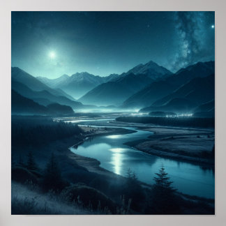 Moonlit Mountain River onder de sterren Poster
