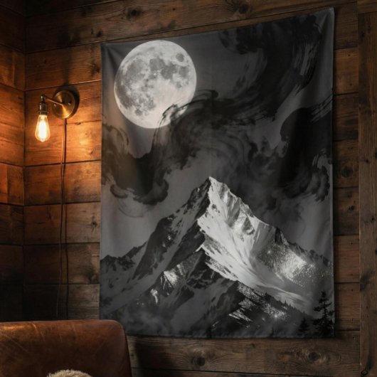 Moonlit Mountain Tapestry | Dark Ink Clouds  Wandkleed