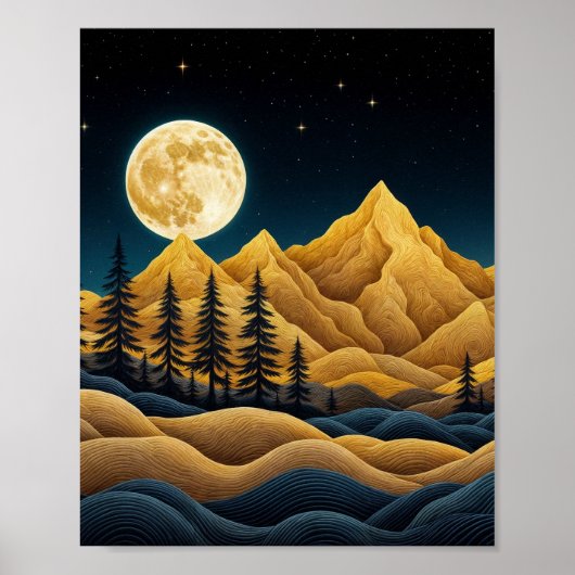 Moonlit Mountains en het dennenbos Poster (Voorkant)