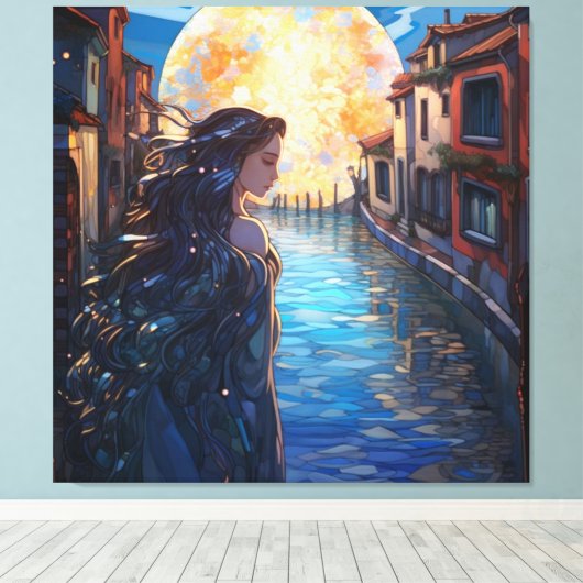 Moonlit Muse in Venice – Fantasy Canvas Wall Art (Insitu (Houten vloer))