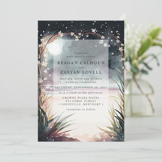 Moonlit Night Beach Scene Wedding Kaart (Staand voorkant)