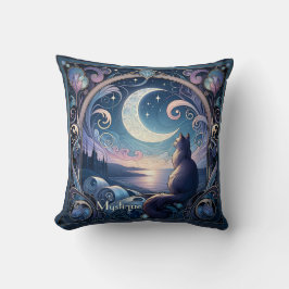 Moonlit Night Cat Fantasy Blue Art Nouveau Design Kussen