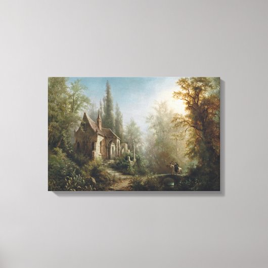 Moonlit Night over Country Chapel and Horse Riders Canvas Afdruk (Voorkant)