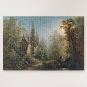 Moonlit Night over Country Chapel and Horse Riders Legpuzzel