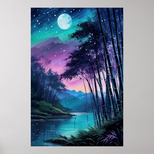 Moonlit Oasis: Bamboe beklede rivieroever Poster (Voorkant)