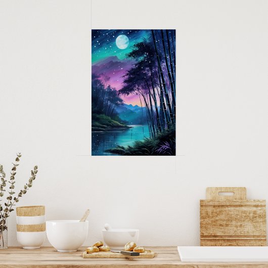 Moonlit Oasis: Bamboe beklede rivieroever Poster (Keuken)