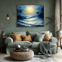 Moonlit Ocean Waves – Abstract zeegezicht met palm