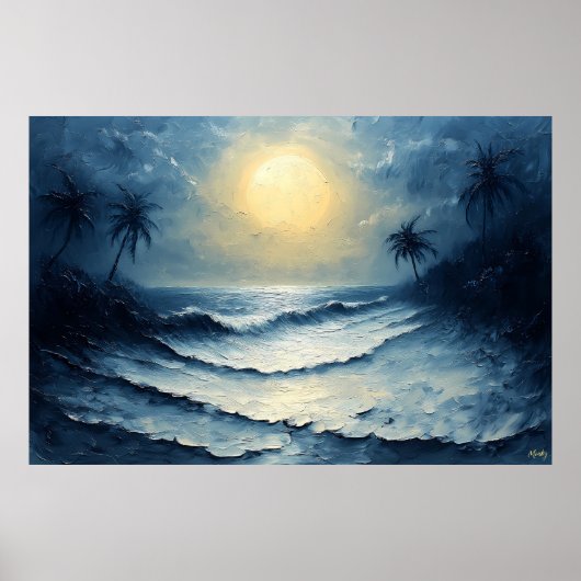 Moonlit Ocean Waves – Abstract zeegezicht met palm Poster (Voorkant)