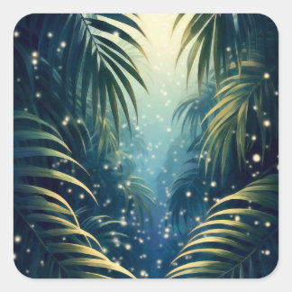 Moonlit palm leaves with fireflies, watercolor art vierkante sticker