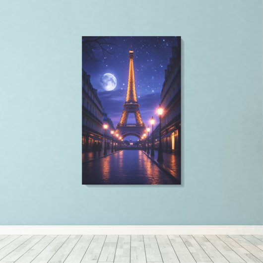 Moonlit Paris – Romantic Eiffel Tower Night Canvas Afdruk (Insitu (Houten vloer))