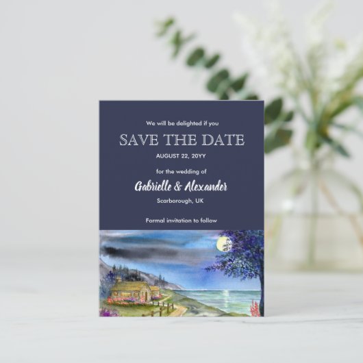 Moonlit Path Waterverf Wedding Sla de datum Aankondigingskaart (Staand voorkant)