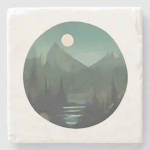 Moonlit Peaks: een nachtelijke wildernisscène Stenen Onderzetter