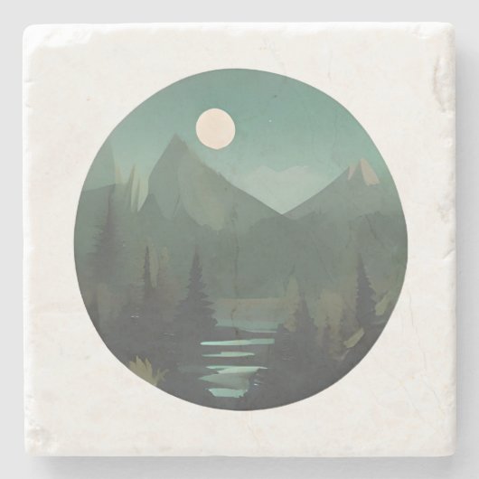 Moonlit Peaks: een nachtelijke wildernisscène Stenen Onderzetter (Voorkant)