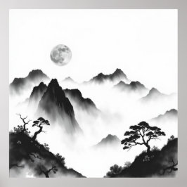 Moonlit Peaks: Volle Maan en Mountain Charcoal Art Poster