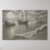 Moonlit Pirate Ship Drawing – Nautical Fantasy Poster (Voorkant)