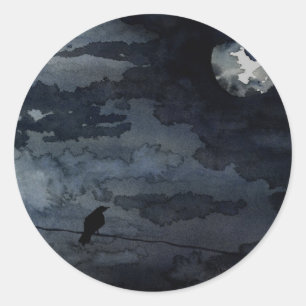 Moonlit Raven - Volle Maan Kunst Ronde Sticker
