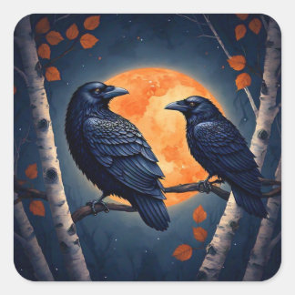 Moonlit Ravens op berkenbomen Vierkante Sticker