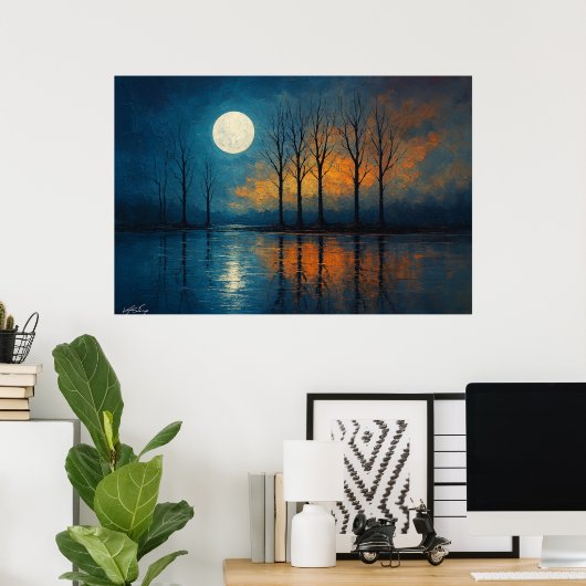 Moonlit Reflections - Bare Trees Poster (Thuiskantoor)