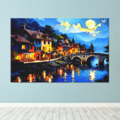 Moonlit Riverside Village Canvas Afdruk (Insitu (Houten vloer))
