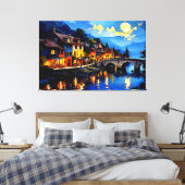 Moonlit Riverside Village Canvas Afdruk (Insitu (Slaapkamer))