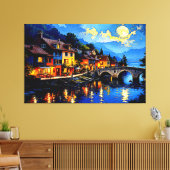 Moonlit Riverside Village Canvas Afdruk (Insitu (Woonkamer))
