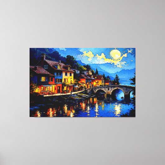 Moonlit Riverside Village Canvas Afdruk (Voorkant)