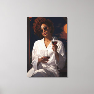 Moonlit Romance: Vrouw en het glas van Wijn Canvas Afdruk