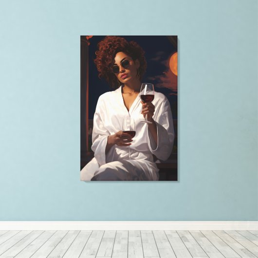 Moonlit Romance: Vrouw en het glas van Wijn Canvas Afdruk (Insitu (Houten vloer))