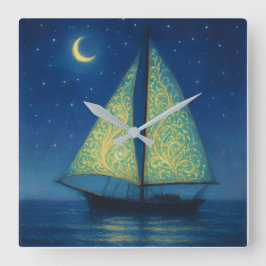 Moonlit Sailboat - Pastel Painting Style Night Art Vierkante Klok