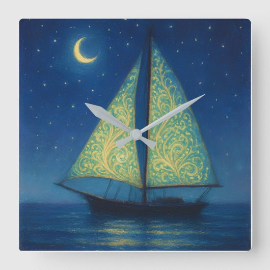 Moonlit Sailboat - Pastel Painting Style Night Art Vierkante Klok (Voorkant)