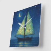 Moonlit Sailboat - Pastel Painting Style Night Art Vierkante Klok (Hoek)