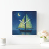 Moonlit Sailboat - Pastel Painting Style Night Art Vierkante Klok (Huis)