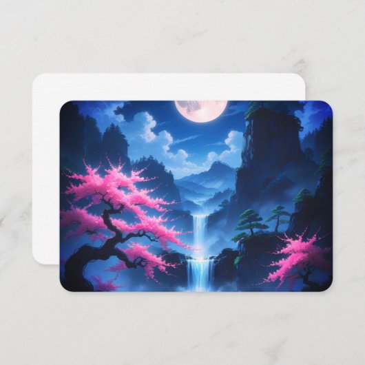 Moonlit Sakura & Waterfall Japanese RSVP Card - El (Voorkant / Achterkant)