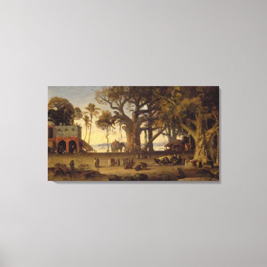 Moonlit Scene of Indian Figures and Elephants amon Canvas Afdruk (Voorkant)
