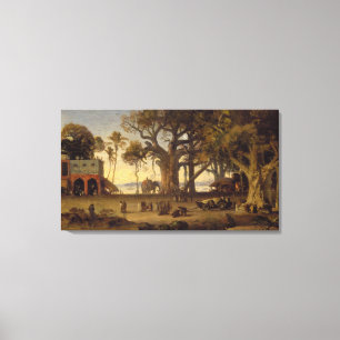 Moonlit Scene of Indian Figures and Elephants amon Canvas Afdruk