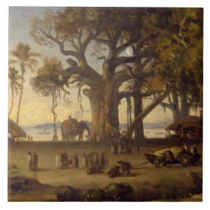 Moonlit Scene of Indian Figures and Elephants amon Tegeltje